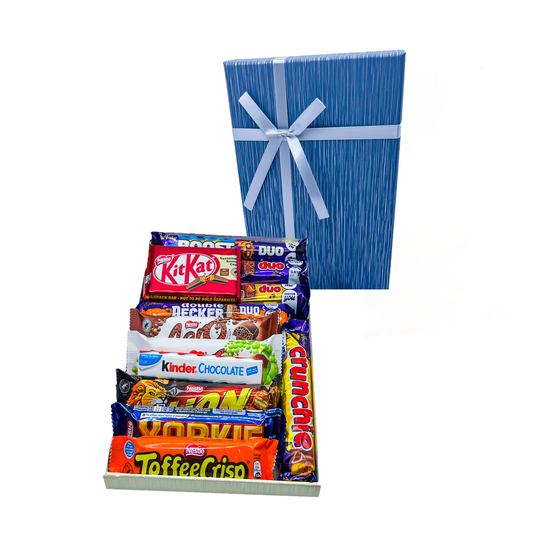 Blue Chocolate Gift Hamper with a Mix of Kinder Bar, Cadbury and Nestle Chocolate Bars - 12 Chocolates