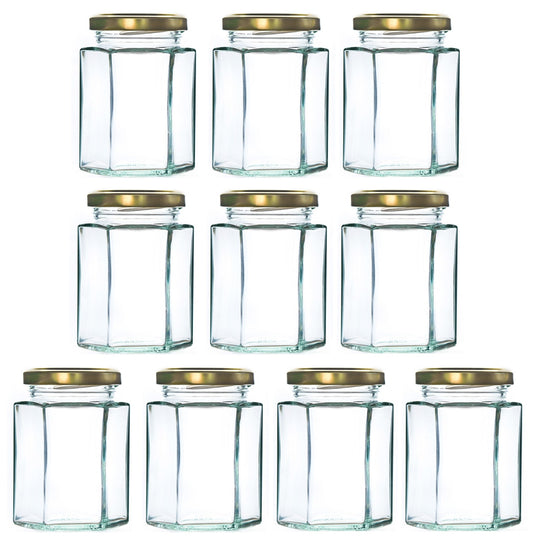 Hexagonal Glass Jam Jars 280ml (340g) Honey Jars with Gold Lid - 10 Pack