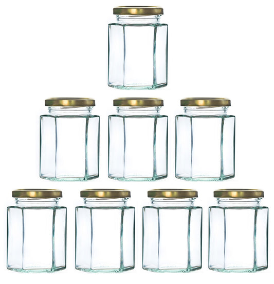 Hexagonal Glass Jam Jars 280ml (340g) Honey Jars with Gold Lid - 8 Pack