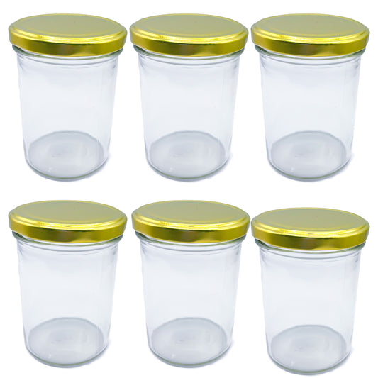 435ml Glass Food Jars with Gold Lids Perfect for Preserving Honey, Jam, Chutney, Nuts, Pickles- 6 Pack