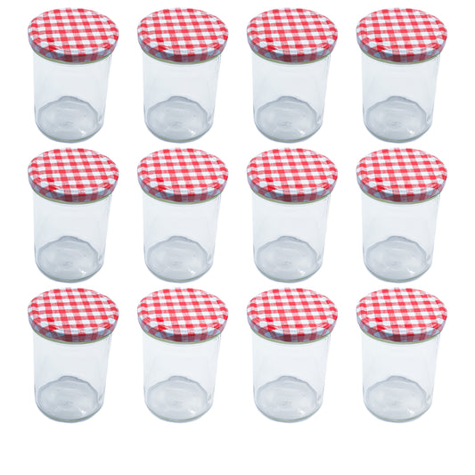 435ml Glass Food Jars with Red Gingham Lids Perfect for Preserving Honey, Jam, Chutney, Nuts, Pickles- 12 Pack