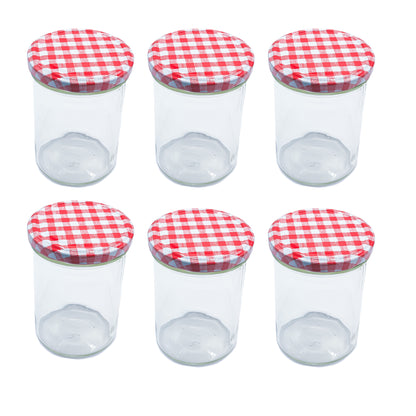 435ml Glass Food Jars with Red Gingham Lids Perfect for Preserving Honey, Jam, Chutney, Nuts, Pickles- 6 Pack