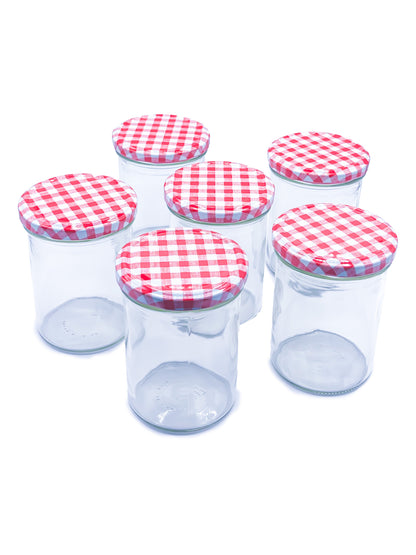 435ml Glass Food Jars with Red Gingham Lids Perfect for Preserving Honey, Jam, Chutney, Nuts, Pickles- 12 Pack