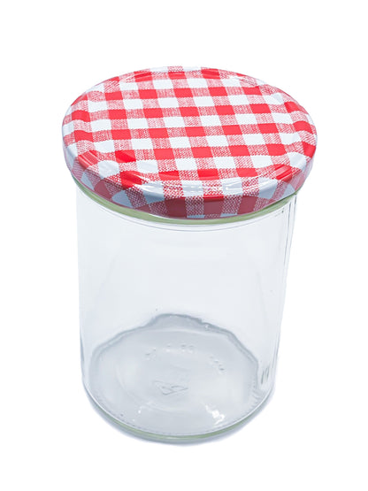 435ml Glass Food Jars with Red Gingham Lids Perfect for Preserving Honey, Jam, Chutney, Nuts, Pickles- 24 Pack