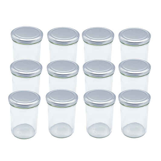 435ml Glass Food Jars with Silver Lids Perfect for Preserving Honey, Jam, Chutney, Nuts, Pickles- 12 Pack