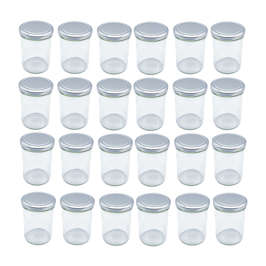 435ml Glass Food Jars with Silver Lids Perfect for Preserving Honey, Jam, Chutney, Nuts, Pickles- 24 Pack