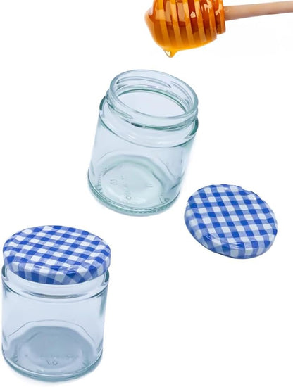 Airtight 190ml Round Small Glass Jars with Blue Gingham Lids - 6 Pack