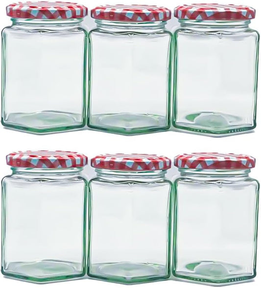 Hexagonal Glass Jam Jars 280ml (340g) Honey Jars with Red Gingham Lid - 6 Pack