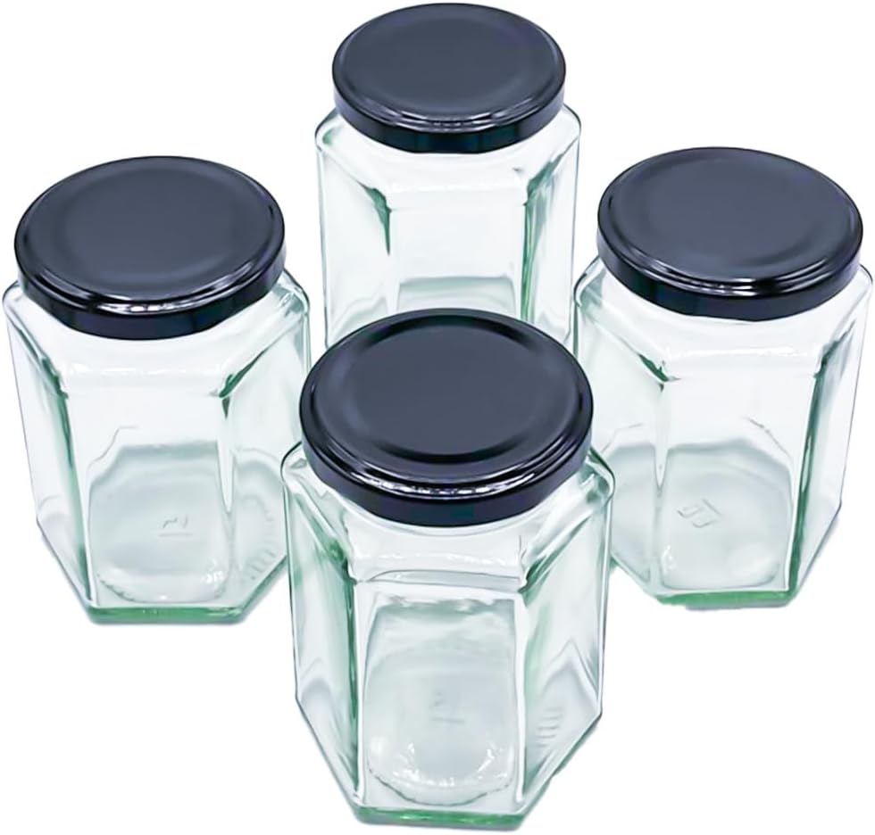Hexagonal Glass Jam Jars 280ml (340g) Honey Jars with Black Lid - 6 Pack