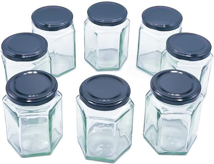 Hexagonal Glass Jam Jars 280ml (340g) Honey Jars with Black Lid - 8 Pack