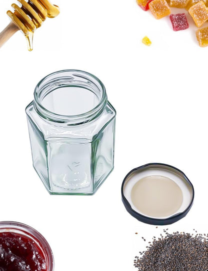 Hexagonal Glass Jam Jars 280ml (340g) Honey Jars with Black Lid - 24 Pack