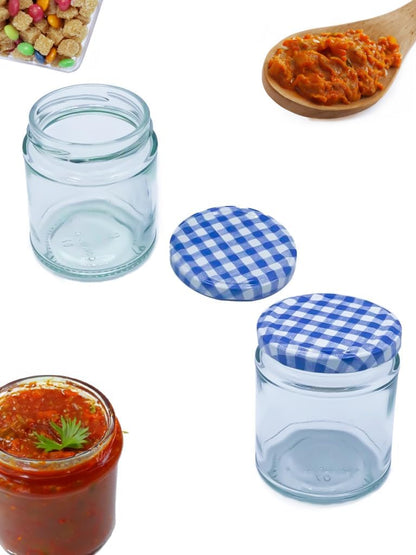Airtight 190ml Round Small Glass Jars with Blue Gingham Lids - 6 Pack