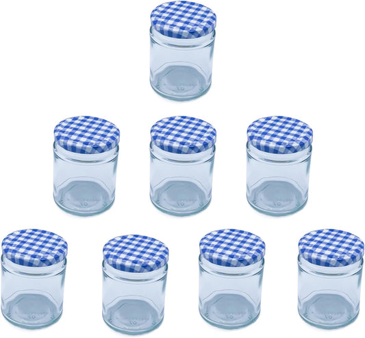 Airtight 190ml Round Small Glass Jars with Blue Gingham Lids - 8 Pack