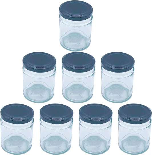 Airtight 190ml Round Small Glass Jars with Black Lids - 8 Pack