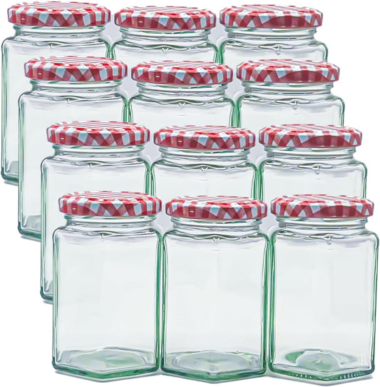 Hexagonal Glass Jam Jars 280ml (340g) Honey Jars with Red Gingham Lid - 12 Pack
