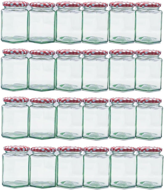 Hexagonal Glass Jam Jars 280ml (340g) Honey Jars with Red Gingham Lid - 24 Pack