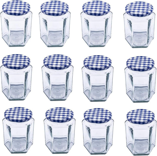 Hexagonal Glass Jam Jars 280ml (340g) Honey Jars with Blue Gingham Lid - 12 Pack