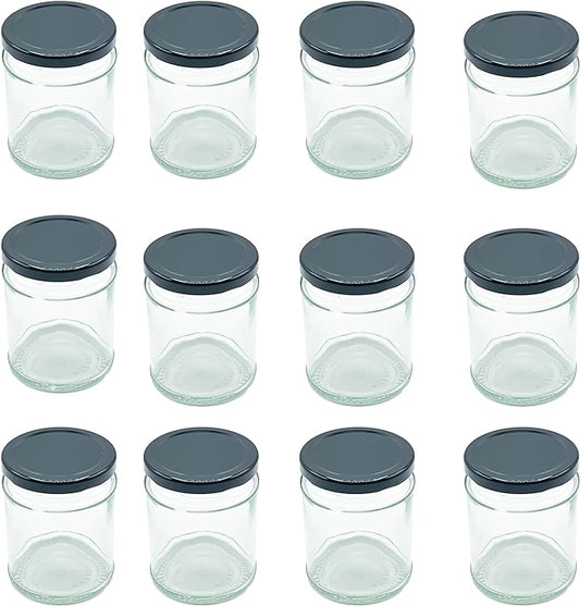 Airtight 190ml Round Small Glass Jars with Black Lids - 12 Pack