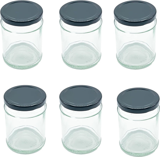 Airtight 190ml Round Small Glass Jars with Black Lids - 6 Pack