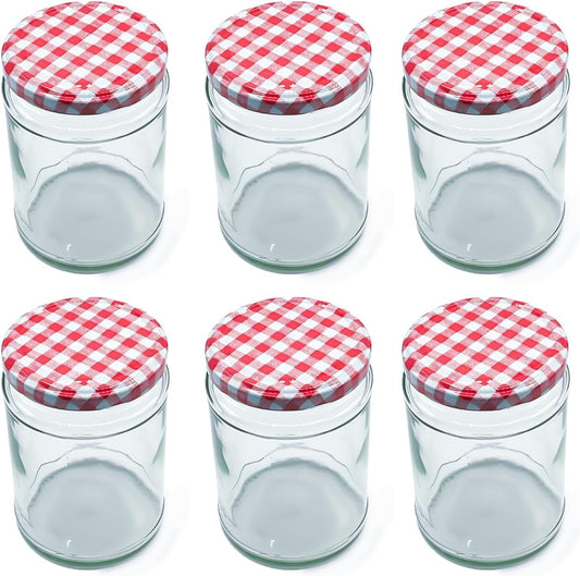 Airtight 190ml Round Small Glass Jars with Red Gingham Lids - 6 Pack