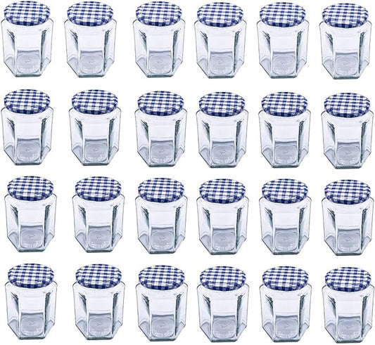 Hexagonal Glass Jam Jars 280ml (340g) Honey Jars with Blue Gingham Lid - 24 Pack