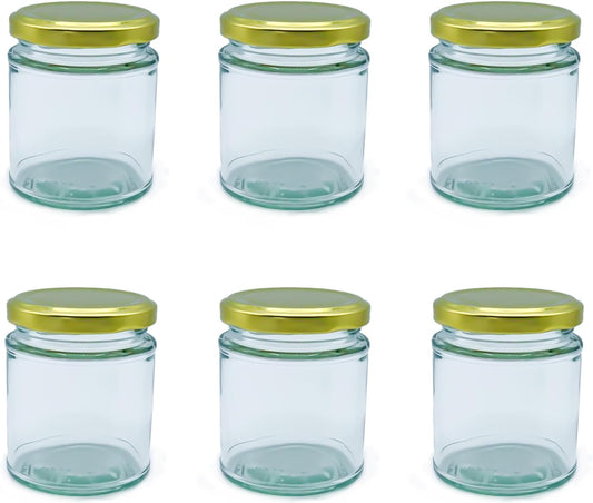 Airtight 190ml Round Small Glass Jars with Gold Lids - 6 Pack