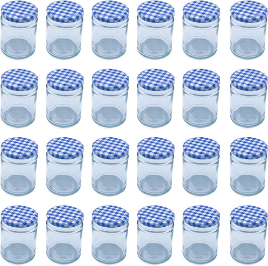 Airtight 190ml Round Small Glass Jars with Blue Gingham Lids - 24 Pack