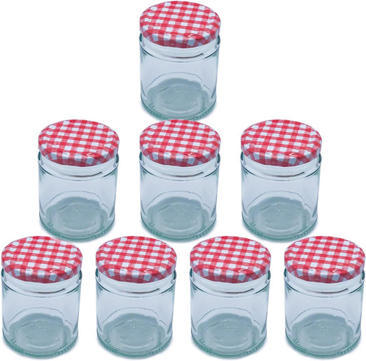 Airtight 190ml Round Small Glass Jars with Red Gingham Lids - 8 Pack