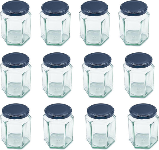 Hexagonal Glass Jam Jars 280ml (340g) Honey Jars with Black Lid - 12 Pack