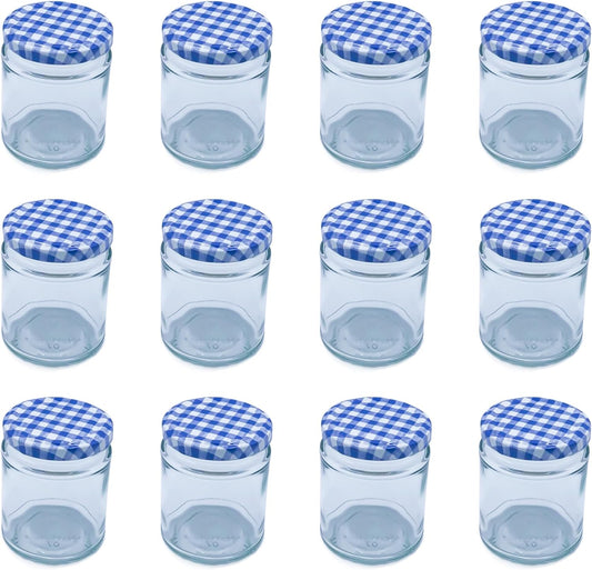 Airtight 190ml Round Small Glass Jars with Blue Gingham Lids - 12 Pack