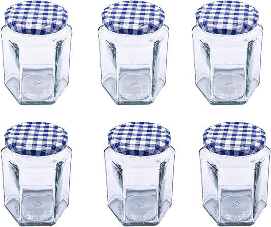 Hexagonal Glass Jam Jars 280ml (340g) Honey Jars with Blue Gingham Lid - 6 Pack