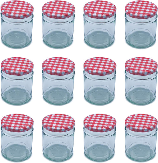Airtight 190ml Round Small Glass Jars with Red Gingham Lids - 12 Pack
