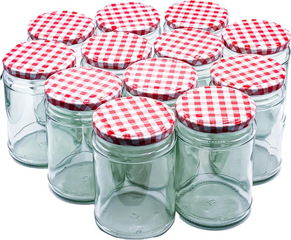 Airtight 190ml Round Small Glass Jars with Red Gingham Lids - 12 Pack