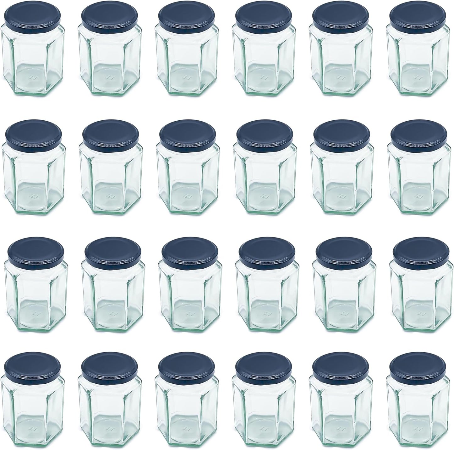 Hexagonal Glass Jam Jars 280ml (340g) Honey Jars with Black Lid - 24 Pack