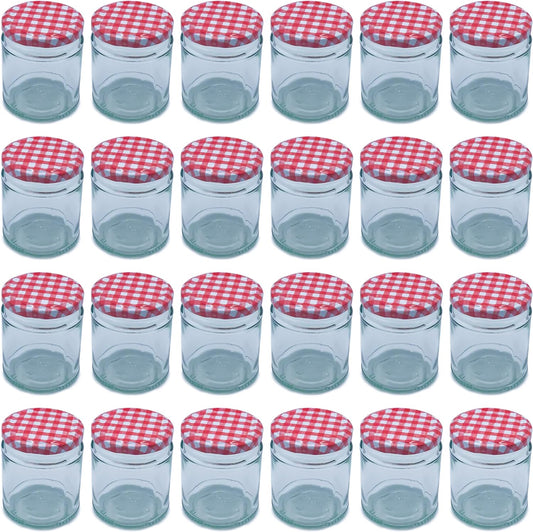 Airtight 190ml Round Small Glass Jars with Red Gingham Lids - 24 Pack
