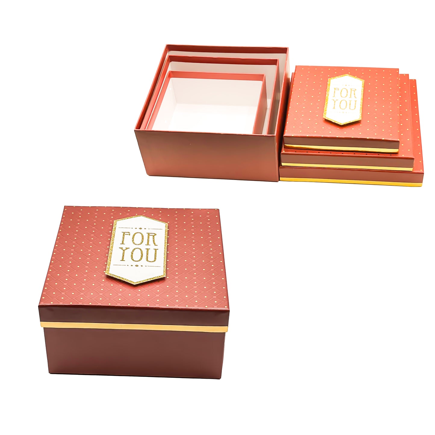 Set of 3 Square Brown Gift Boxes with Lids