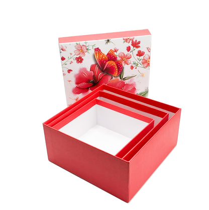 Set of 3 Square Red and White Gift Boxes with Lids