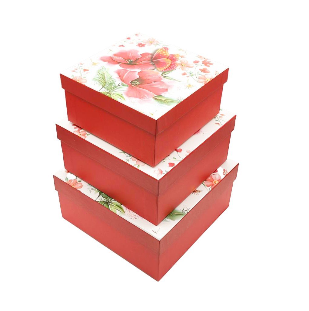 Set of 3 Square Red and White Gift Boxes with Lids