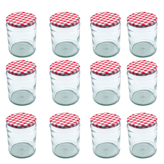 500ml Glass Jars Preserving Food Jars with Twist off Locking Red Gingham Lids - 12 Pack