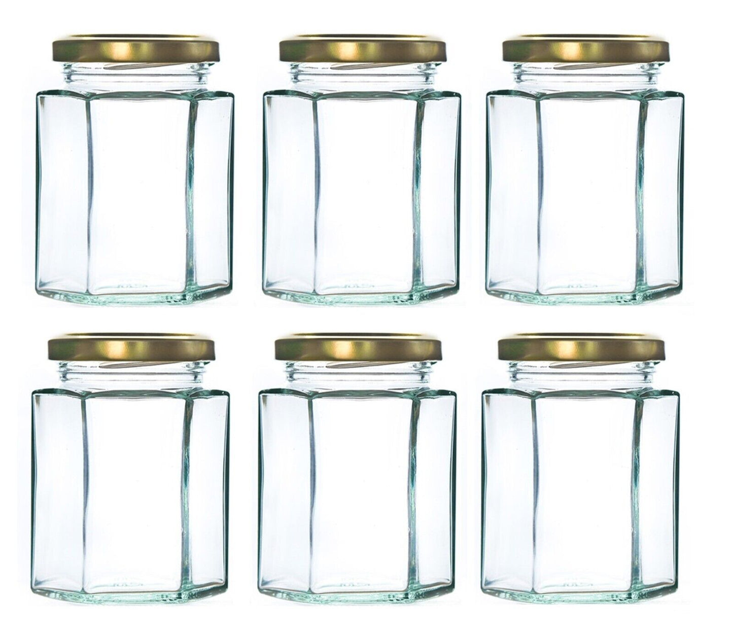 Hexagonal Glass Jam Jars 280ml (340g) Honey Jars with Gold Lid - 6 Pack